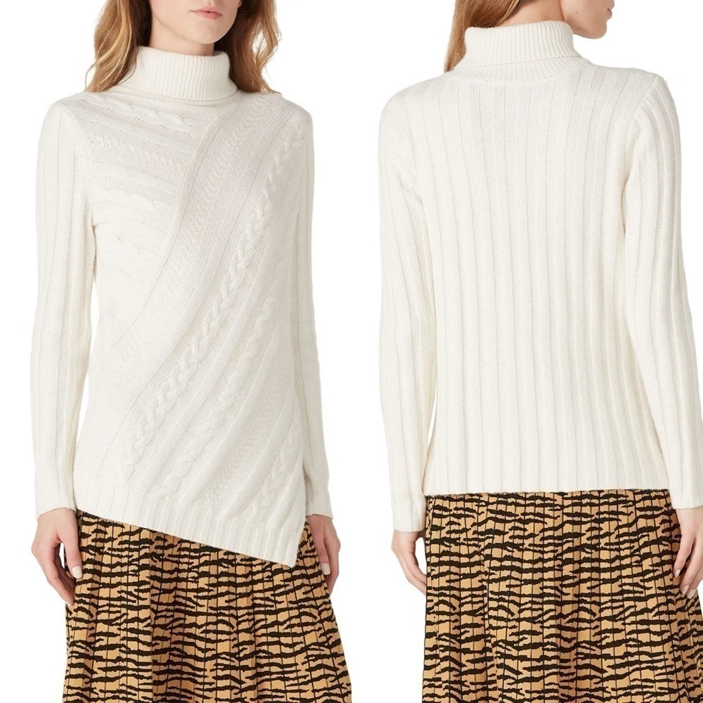MILLY Asymmetrical Cable Knit Turtleneck Sweater